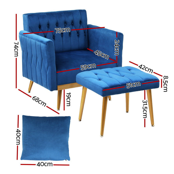 Artiss Armchair Ottoman Accent Chair Pillow Velvet Blue Sofas Armchairs & Couches