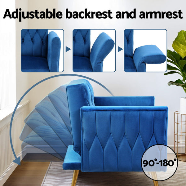 Artiss Armchair Ottoman Accent Chair Pillow Velvet Blue Sofas Armchairs & Couches