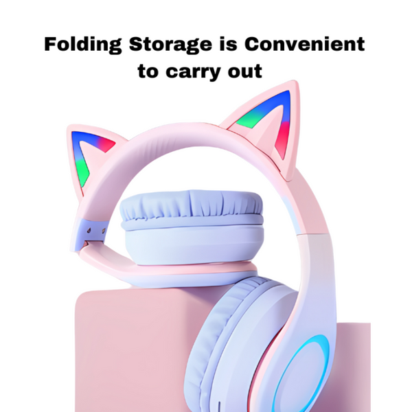 Pink Cat Ear Bluetooth Noise Reduction Foldable Headset For Mobile Accessories Headsets