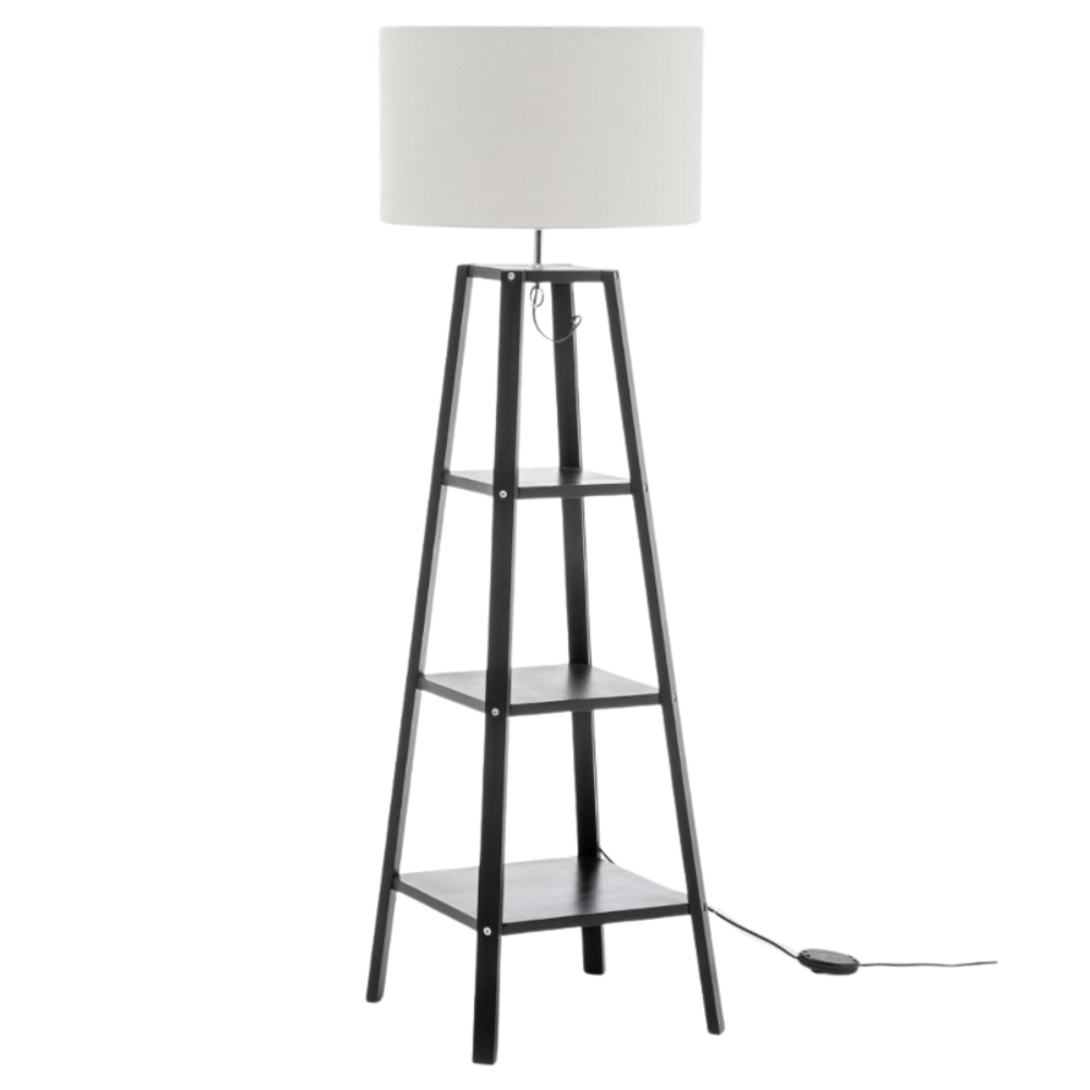 Eiffel 3 Tier Natural Wood Floor Lamp W/ Storage Shelves + Off White Linen Shade Floor Lamps