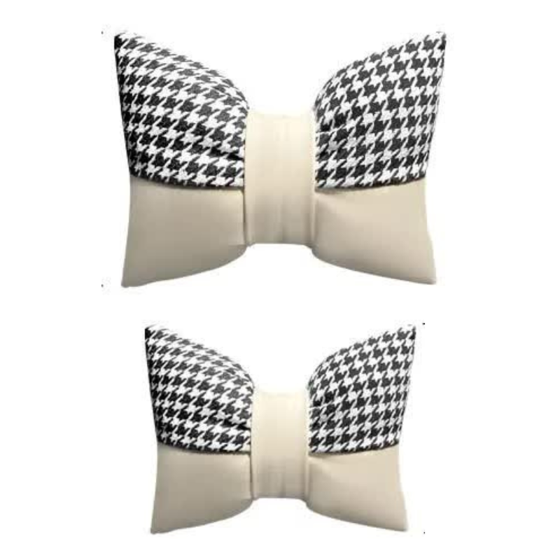 Elosung 1 Pair (Headrest + Pillow) White Cute Bowtie Car And Waist Cushion Set Stylish Houndstooth Design Soft Neck Back Support For Interior Other Ca