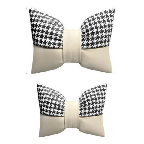 Elosung 1 Pair (Headrest + Pillow) White Cute Bowtie Car And Waist Cushion Set Stylish Houndstooth Design Soft Neck Back Support For Interior Other Ca