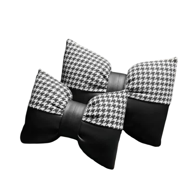 Elosung 1 Pair (Headrest + Pillow) Black Cute Bowtie Car And Waist Cushion Set Stylish Houndstooth Design Soft Neck Back Support For Interior Other Ca