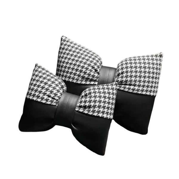 Elosung 1 Pair (Headrest + Pillow) Black Cute Bowtie Car And Waist Cushion Set Stylish Houndstooth Design Soft Neck Back Support For Interior Other Ca