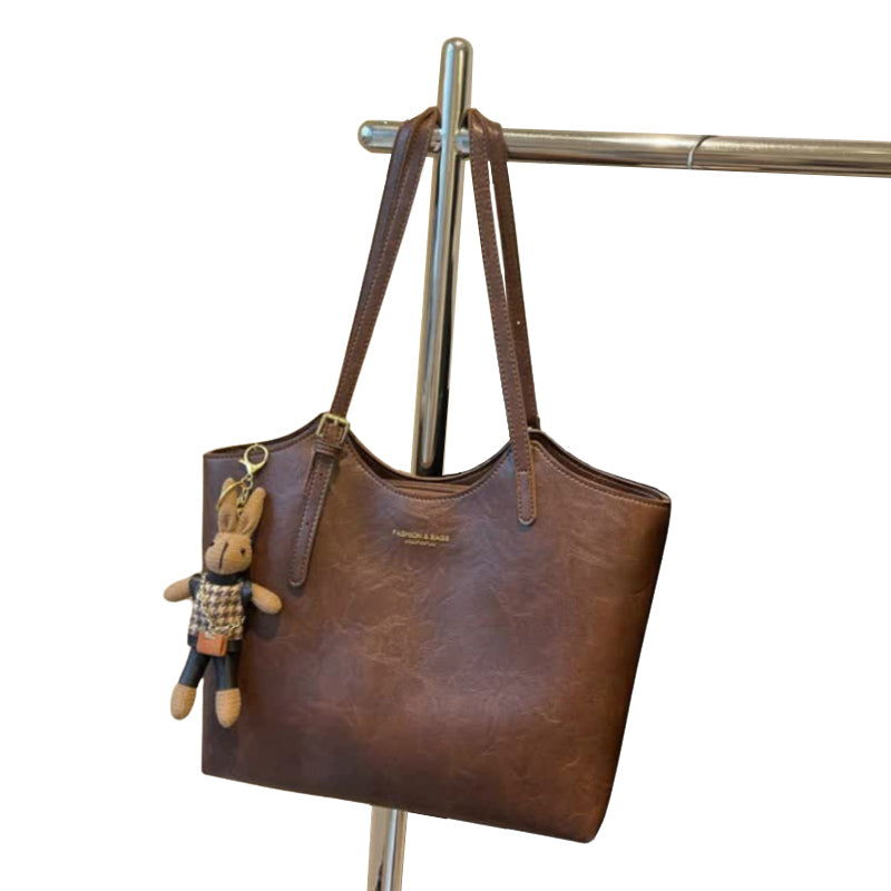 Elosung Coffee Brown Elegant Black Pu Leather Tote Bag With Cute Bear Keychain Large Capacity Handbag For Women (38 X 26 13 Cm) Women's Bags & Handbag