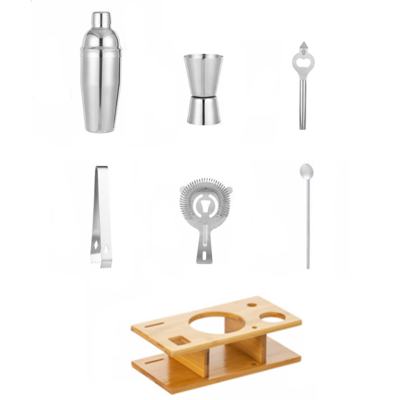 Elosung 550Ml 7 Piece Stainless Steel tail Shaker Set With Bamboo Stand Bartender Kit tail Shakers & Sets