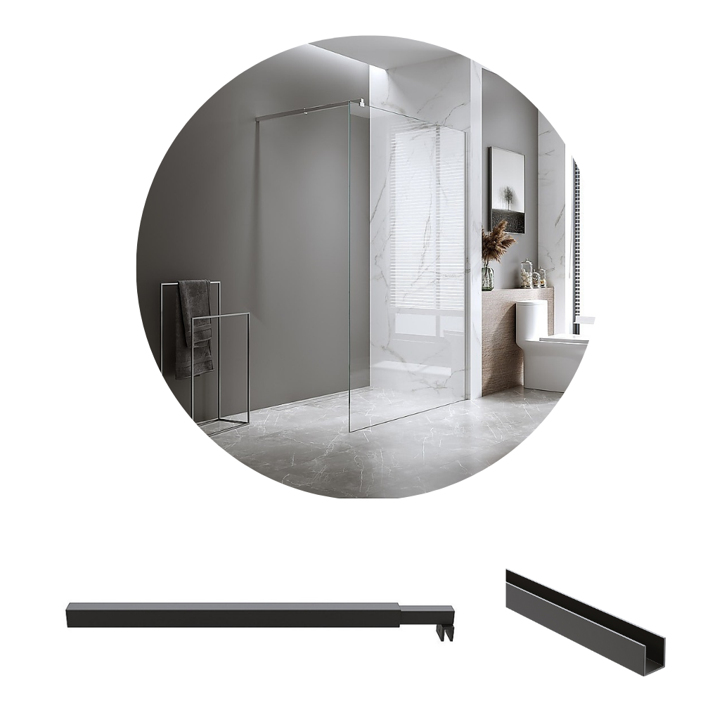 Della Francesca 100X210cm Single Shower Glass Screen With Black Wall Channel & Square Pole Shower Enclosures