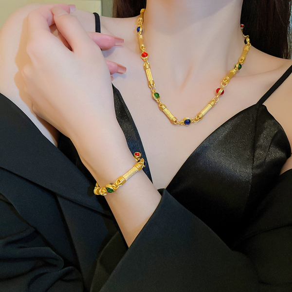 Veile Studios Womens Exaggerated Necklace Gold Bamboo Chain With Colourful Cubic Zirconia Necklaces & Pendants