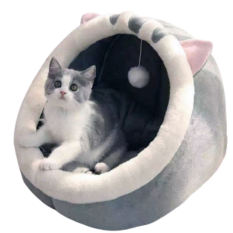 Elosung Gray Half Enclosed Cat Bed Soft Short Velvet Fabric With Sponge + Pp Cotton Filling M Size (35X35x30cm) Pet Beds