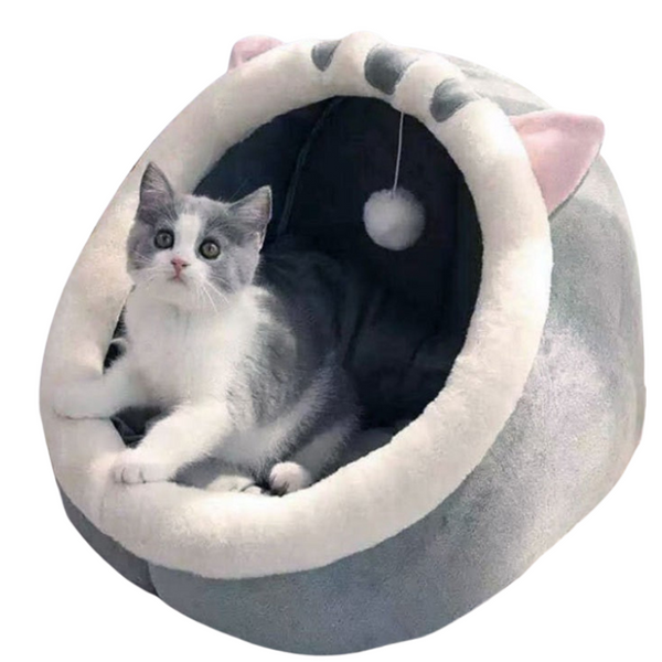 Gray Half Enclosed Cat Bed Soft Short Velvet Fabric With Sponge + Pp Cotton Filling M Size (35X35x30cm) Pet Beds