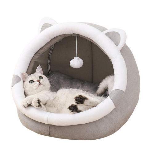 Elosung Gray Half Enclosed Cat Bed Soft Short Velvet Fabric With Sponge + Pp Cotton Filling M Size (35X35x30cm) Pet Beds