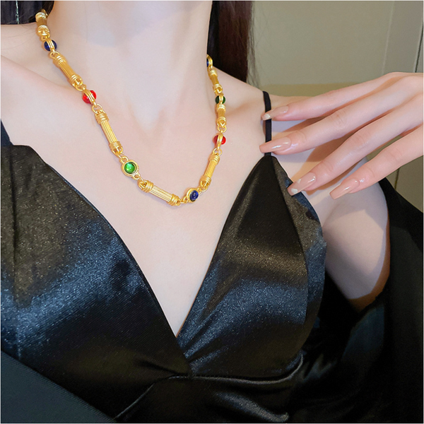 Veile Studios Womens Exaggerated Necklace Gold Bamboo Chain With Colourful Cubic Zirconia Necklaces & Pendants