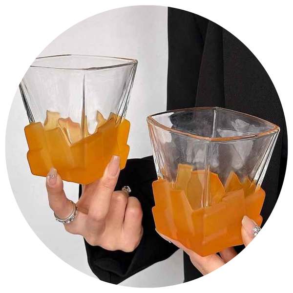 Elosung 4 Pcs Orange Frosted Ice Cube Glass Creative Whiskey Premium Textured Tumbler 300Ml Capacity For Home Bars Glassware & Drinkware
