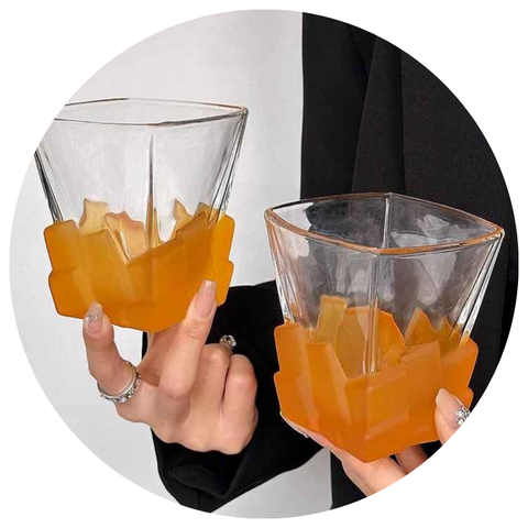 Elosung 4 Pcs Orange Frosted Ice Cube Glass Creative Whiskey Premium Textured Tumbler 300Ml Capacity For Home Bars Glassware & Drinkware