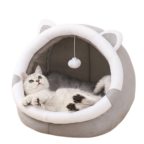 Elosung Gray Half Enclosed Cat Bed Soft Short Velvet Fabric With Sponge Pp Cotton Filling Size (28X28x30 Cm) Pet Beds