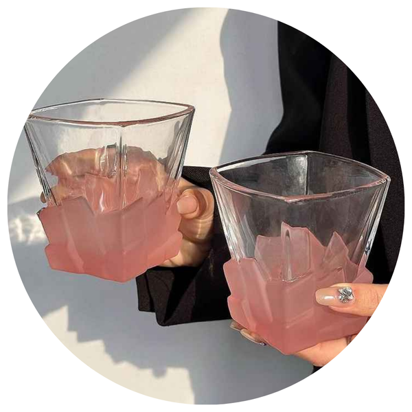 Elosung 4 Pcs Pink Frosted Ice Cube Glass Creative Whiskey Premium Textured Tumbler 300Ml Capacity For Home Bars Glassware & Drinkware