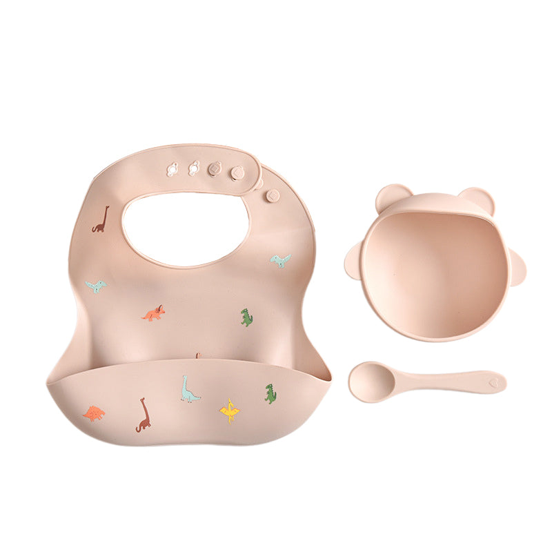 Elosung Dinosaur Pattern Beige Soft And Safe Silicone Little One Feeding Set Bib Bowl Spoon Combo For Mess Free Meals Sippy Cups & Mugs