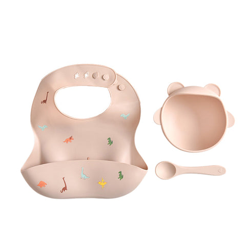 Elosung Dinosaur Pattern Beige Soft And Safe Silicone Little One Feeding Set Bib Bowl Spoon Combo For Mess Free Meals Sippy Cups & Mugs