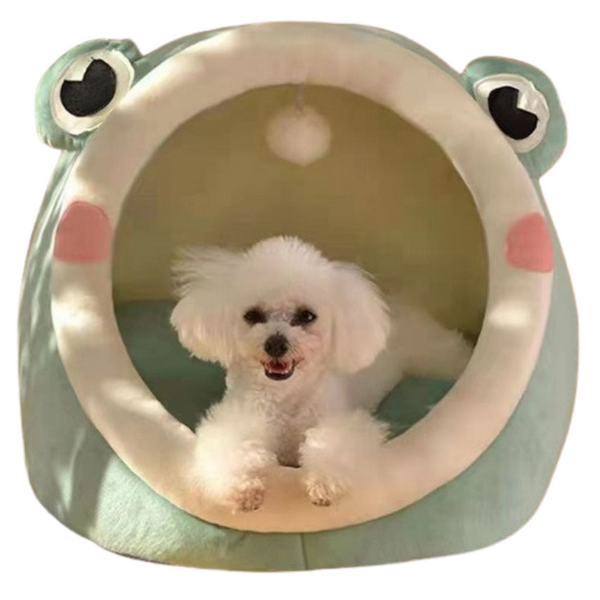 Elosung Green Frog Half Enclosed Cat Bed Soft Short Velvet Fabric With Sponge + Pp Cotton Filling M Size (35X35x30cm) Pet Beds