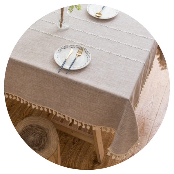 Elosung 160*100Cm Beige Striped Cotton Linen Embroidered Tassel Tablecloth & American Pastoral Style For Restaurants Table Cloths