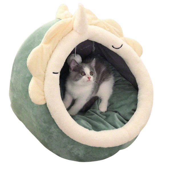 Green Half Enclosed Cat Bed Soft Short Velvet Fabric With Sponge + Pp Cotton Filling M Size (35X35x30cm) Pet Beds