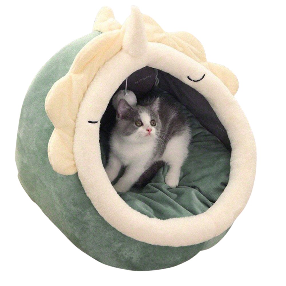 Elosung Green Half Enclosed Cat Bed Soft Short Velvet Fabric With Sponge + Pp Cotton Filling M Size (35X35x30cm) Pet Beds