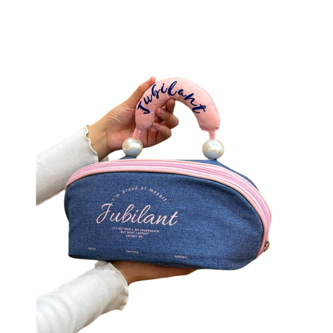 Elosung Denim Blue Waterproof Color Block Makeup Bag With Pearl Handle Large Capacity Cosmetic Storage Organizer For Travel And Daily Use Makeup Bags