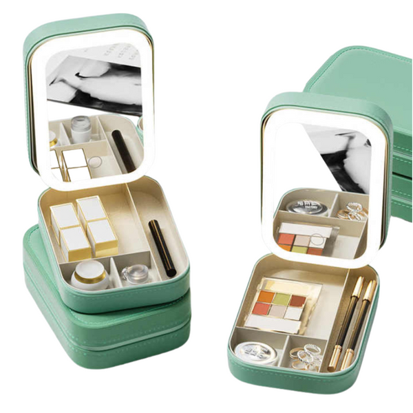 Veile Studios Green Led Jewelry Box With Mirror Smart Light Adjustment And Dual Power Charging For Travel Home Jewellery Boxes