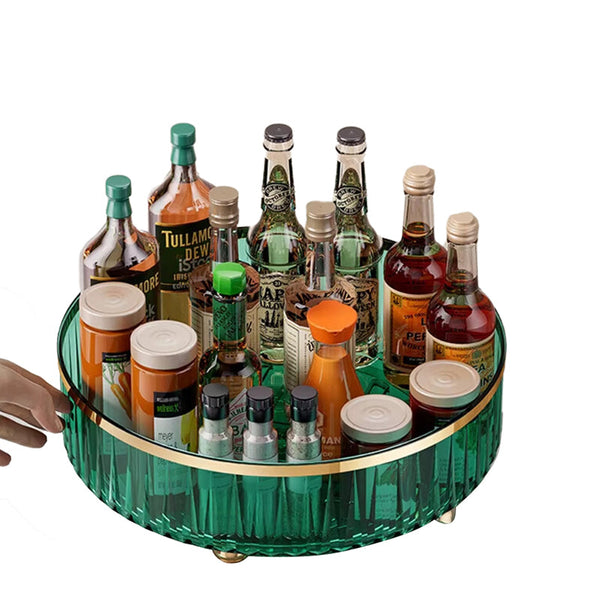Elosung Green Luxury Rotating Storage Rack Transparent Spice Organiser Condiment Holder For Kitchen And Living Room Desktop Tray Efficient Spice Jars