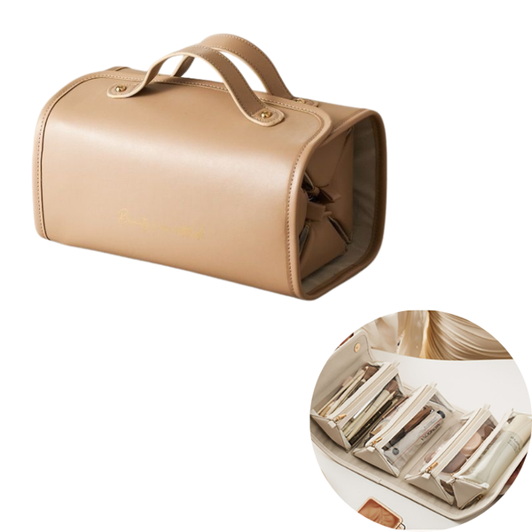 Brown Roll Up Travel Makeup Bag Compact Cosmetic Organizer With Multiple Compartments Makeup Bags & Cases