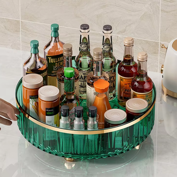 Elosung Green Luxury Rotating Storage Rack Transparent Spice Organiser Condiment Holder For Kitchen And Living Room Desktop Tray Efficient Spice Jars