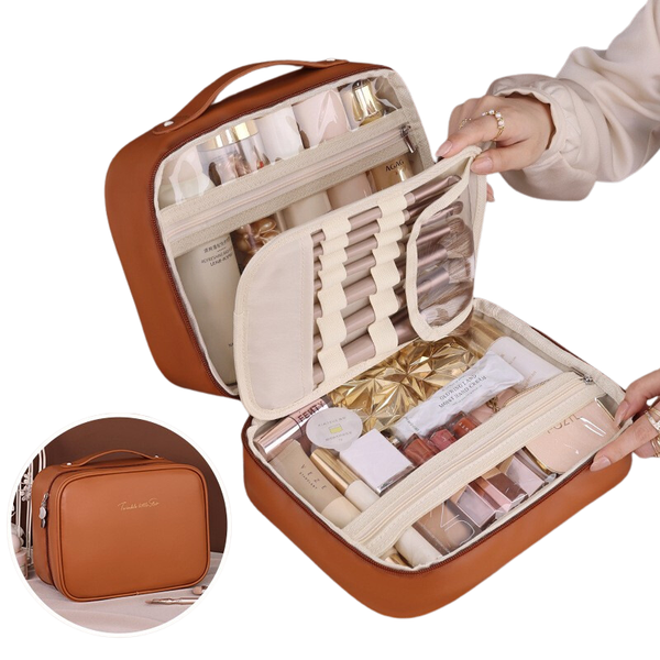 Elosung Brown Portable Pu Leather Makeup Bag With Detachable Divider Travel Cosmetic Organizer Makeup Bags & Cases
