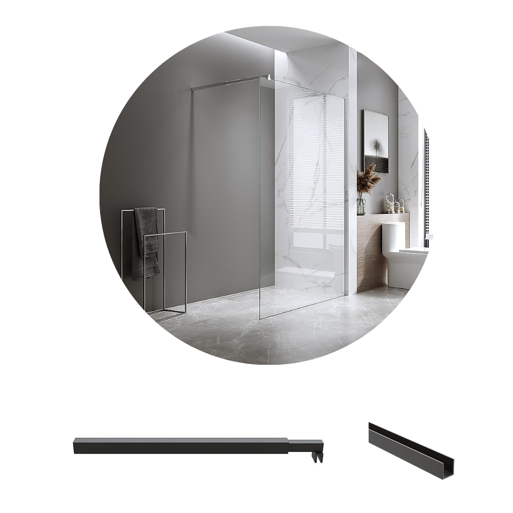 Della Francesca 80X210cm Single Shower Glass Screen With Black Wall Channel & Square Pole Shower Enclosures