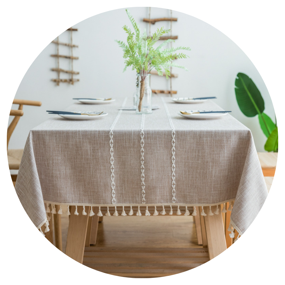 Elosung 140*90Cm Beige Striped Cotton Linen Embroidered Tassel Tablecloth European & American Pastoral Style For Restaurants Table Cloths