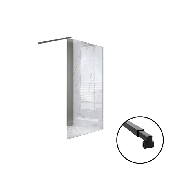 Della Francesca 70X200cm Single Shower Glass Screen With Black Wall Channel & Square Pole Shower Enclosures