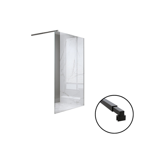 Della Francesca 70X200cm Single Shower Glass Screen With Black Wall Channel & Square Pole Shower Enclosures