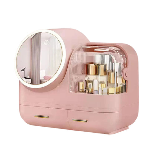 Elosung Pink Led Vanity Makeup Organizer With Partition Storage Touch Control Mirror Large Capacity Cosmetic Box Makeup Mirrors