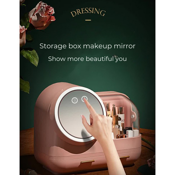 Elosung Pink Led Vanity Makeup Organizer With Partition Storage Touch Control Mirror Large Capacity Cosmetic Box Makeup Mirrors