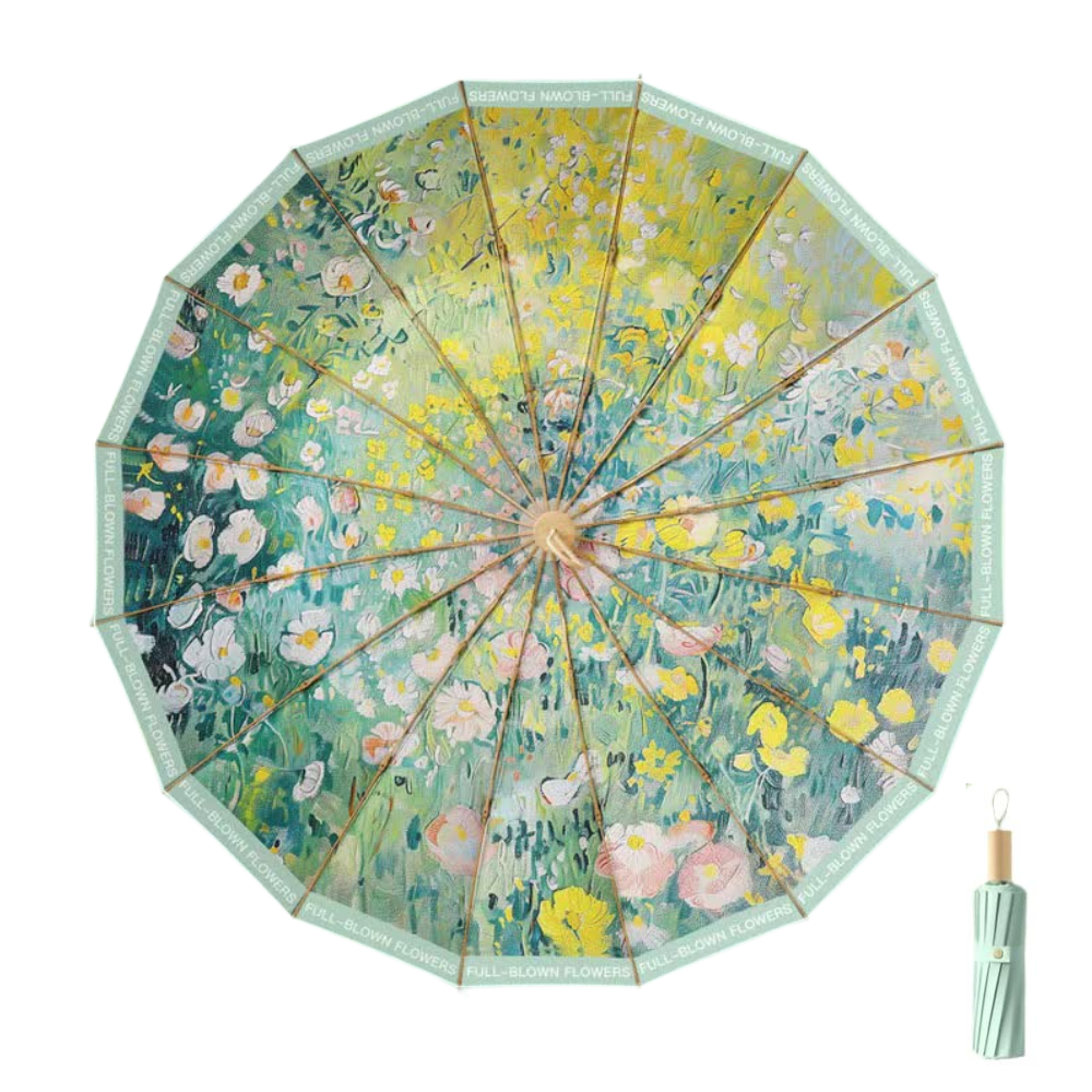 Elosung Traditional Chinese Style Folding Umbrella Green Floral Design With 16 Rib Structure Umbrellas