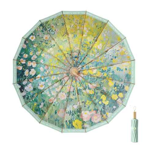 Elosung Traditional Chinese Style Folding Umbrella Green Floral Design With 16 Rib Structure Umbrellas