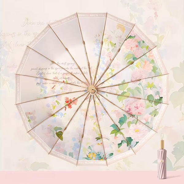 Elosung Traditional Chinese Style Folding Umbrella Pink Floral Design With 16 Rib Structure Umbrellas