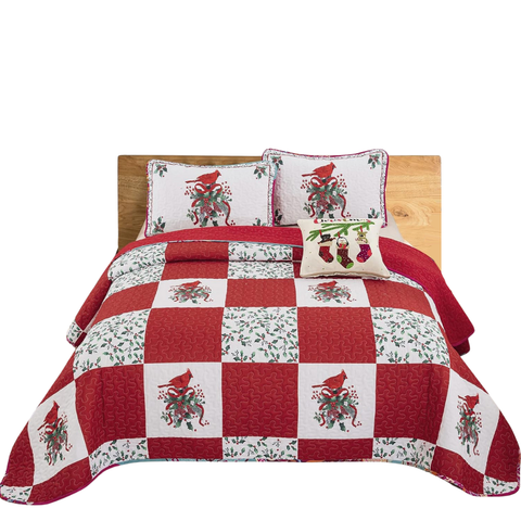 Elegant Red Greem & White Christmas Queen Bedspread Set Quilt Covers