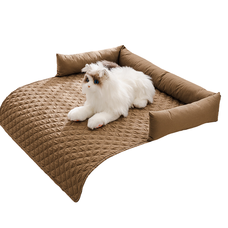 Elosung 90*90Cm Brown Waterproof & Scratch Resistant Pet Sofa Protector Mat With Pillow | Cat Dog Bed Washable All Season Pet Beds