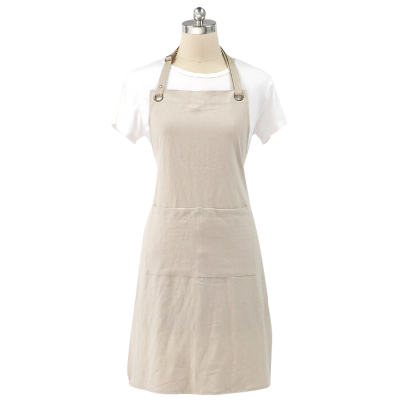 Kitchen Apron Beige Cotton Linen Neckband For Garden Use Aprons