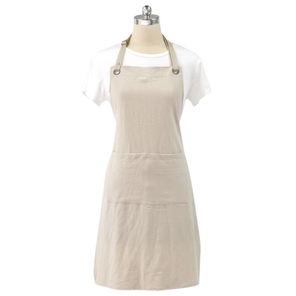 Kitchen Apron Beige Cotton Linen Neckband For Garden Use Aprons