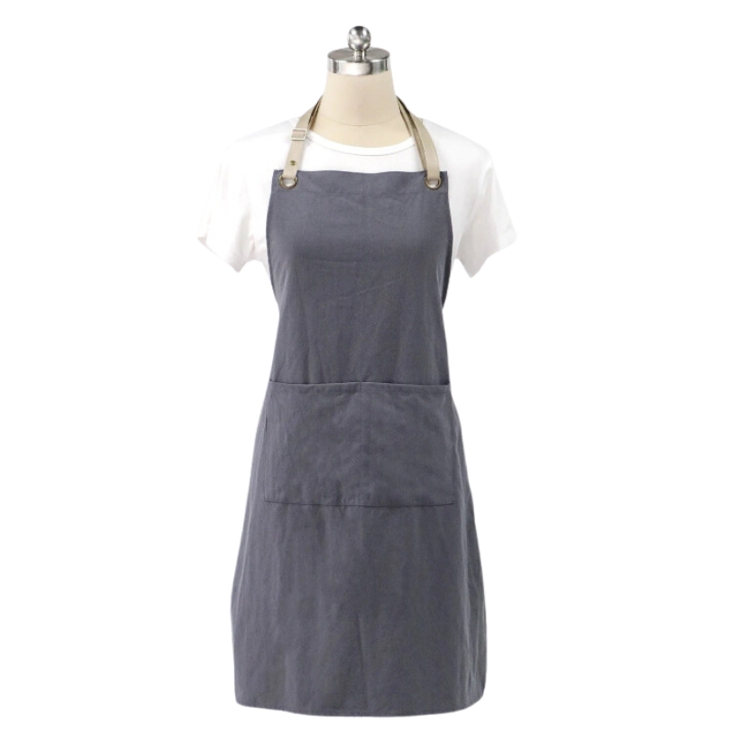 Kitchen Apron Gray Cotton Linen Neckband For Garden Cooking Aprons