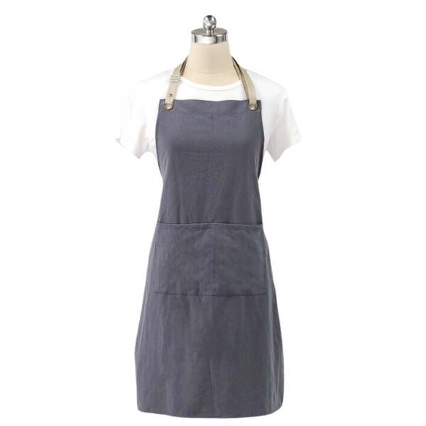 Kitchen Apron Gray Cotton Linen Neckband For Garden Cooking Aprons