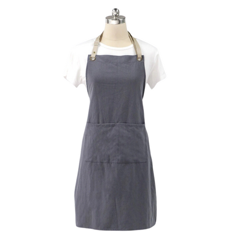 Kitchen Apron Gray Cotton Linen Neckband For Garden Cooking Aprons