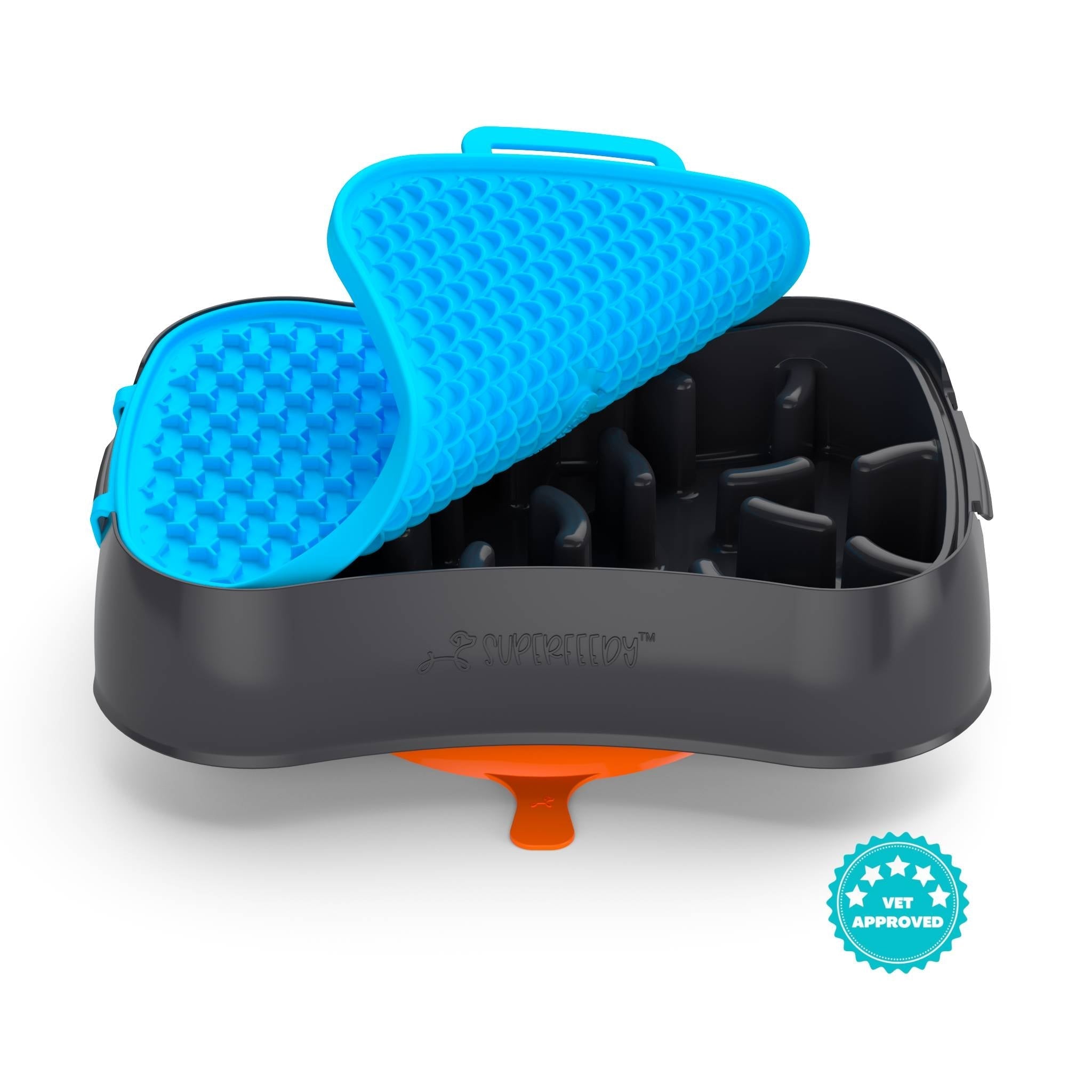 4 In 1 Slow Feeder Dog Bowl Dark Grey With Blue Lickmat Dishes Feeders & Fountains