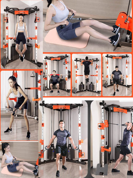 Steel Multi Functional Cable Crossover Station With Bench And Olympic Barbell Sports Equipment Home Gyms